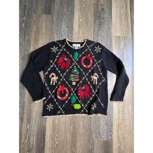 Lisa International Christmas Sweater Womens Large Black Vintage Holiday